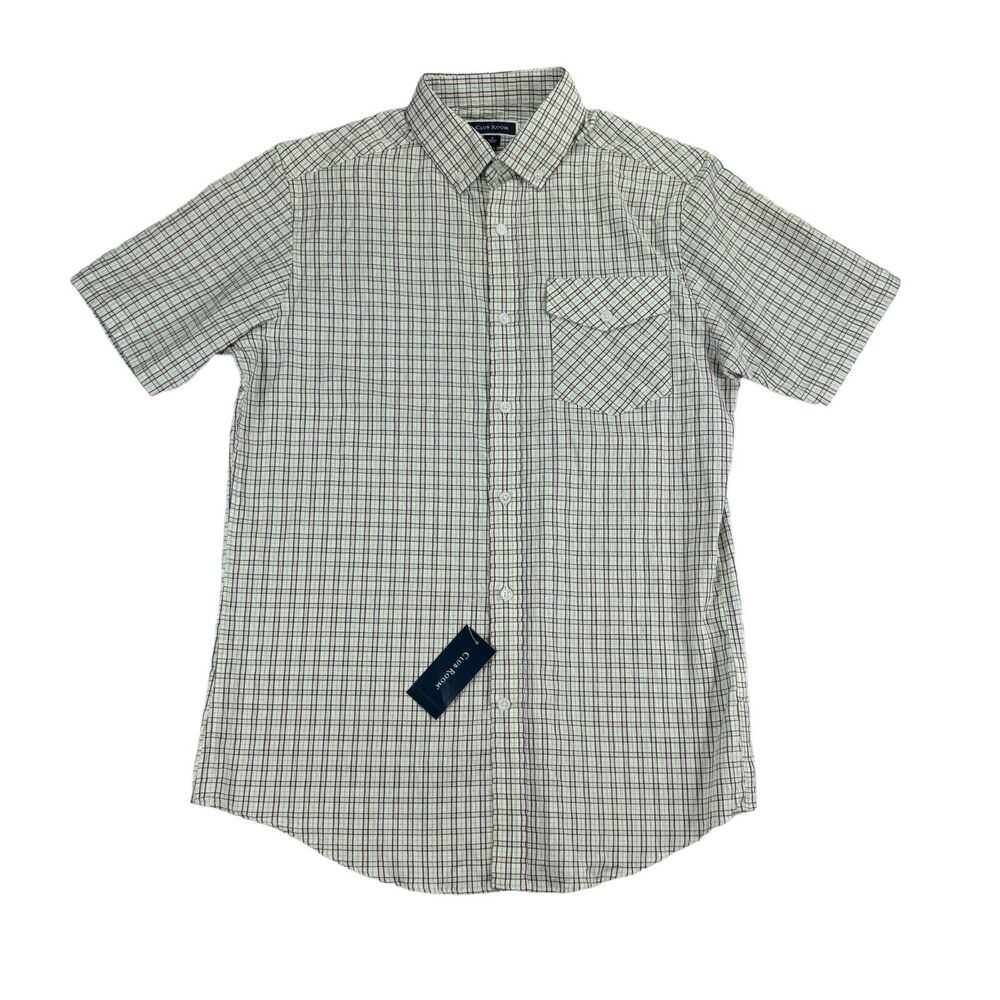 Club Room Mens Flamingo Plaid Tech Short Sleeve Button Down Shirt Green Pink S